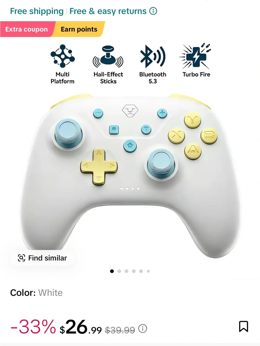 White Wireless Gaming Controller AL-NS2288 with Yellow & Light Blue Accents